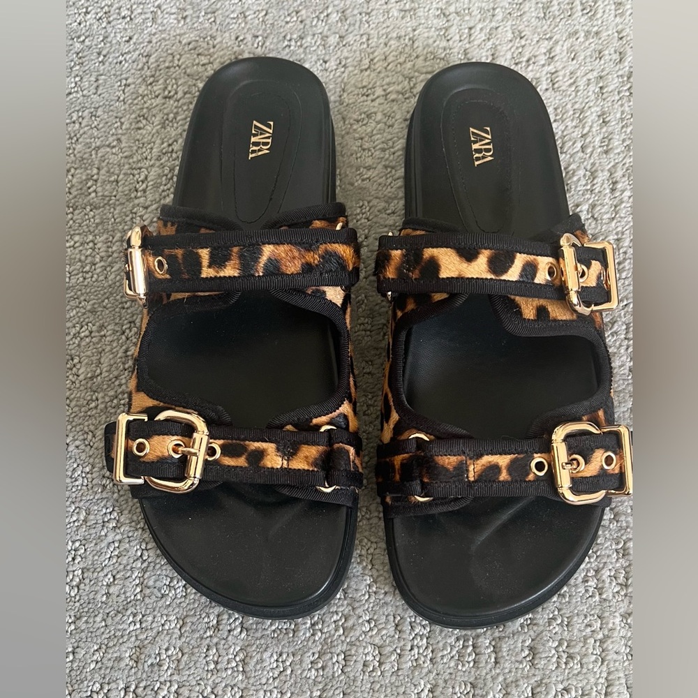 Zara Leopard Print Buckle Slide Sandals - Black & Brown